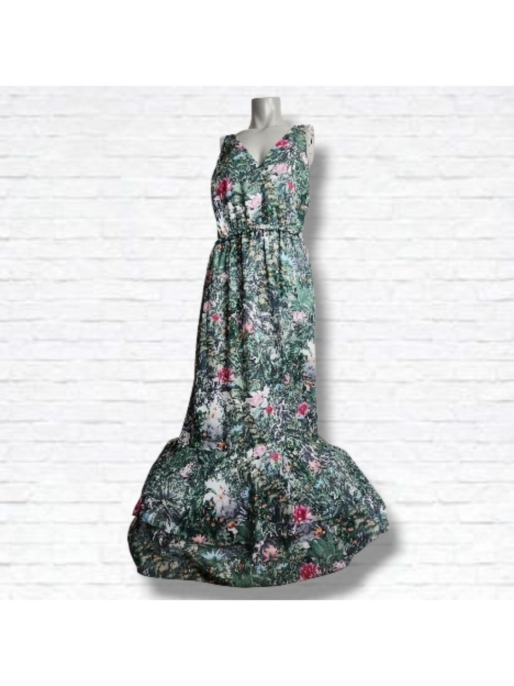 H&M Conscious Collection Green Tropical Print Floor Length Dress Size 10 - Picture 3 of 14